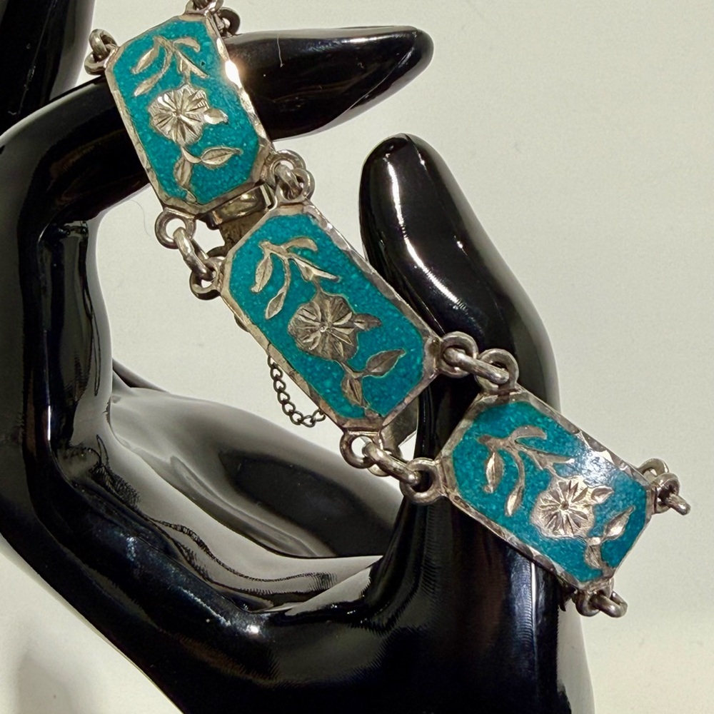 Vintage Mexico 925 Silver and Turquoise Floral Bracelet - Picture 2 of 6